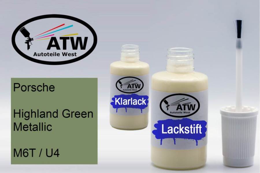 Porsche, Highland Green Metallic, M6T / U4: 20ml Lackstift + 20ml Klarlack - Set, von ATW Autoteile West.